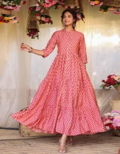 Pink Modal Chevron Print Gotta Tiered Flare Kurta Dress