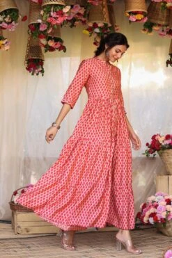 Pink Modal Chevron Print Gotta Tiered Flare Kurta Dress -ZAZU Clothing Shop 1055pink3 1