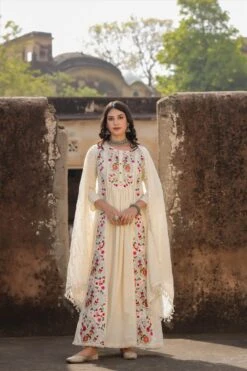 Off White Cotton Dobby Phulkari Embroidered Anarkali Dress With Cotton Jaal Dupatta