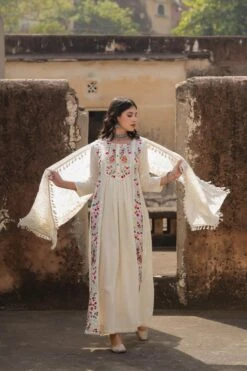 Off White Cotton Dobby Phulkari Embroidered Anarkali Dress With Cotton Jaal Dupatta -ZAZU Clothing Shop 1119offwhite3