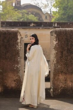 Off White Cotton Dobby Phulkari Embroidered Anarkali Dress With Cotton Jaal Dupatta -ZAZU Clothing Shop 1119offwhite4