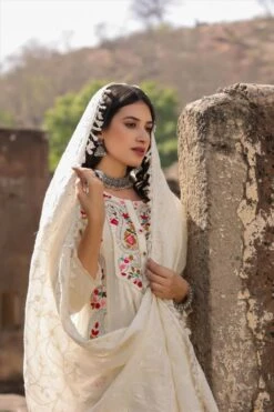 Off White Cotton Dobby Phulkari Embroidered Anarkali Dress With Cotton Jaal Dupatta -ZAZU Clothing Shop 1119offwhiteb