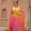 Pink Muslin Silk Bandhani Digital Print Tie And Dye Anarkali Ethnic Dress With Embroidered Belt And Silk Dupatta -ZAZU Clothing Shop 1147pink1
