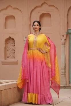 Pink Muslin Silk Bandhani Digital Print Tie And Dye Anarkali Ethnic Dress With Embroidered Belt And Silk Dupatta
