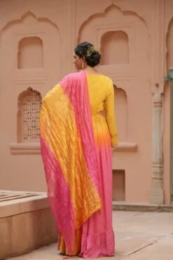 Pink Muslin Silk Bandhani Digital Print Tie And Dye Anarkali Ethnic Dress With Embroidered Belt And Silk Dupatta -ZAZU Clothing Shop 1147pink3