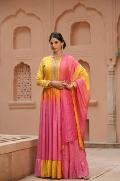 Pink Muslin Silk Bandhani Digital Print Tie And Dye Anarkali Ethnic Dress With Embroidered Belt And Silk Dupatta -ZAZU Clothing Shop 1147pink4