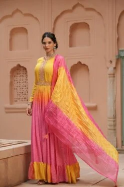 Pink Muslin Silk Bandhani Digital Print Tie And Dye Anarkali Ethnic Dress With Embroidered Belt And Silk Dupatta -ZAZU Clothing Shop 1147pink5