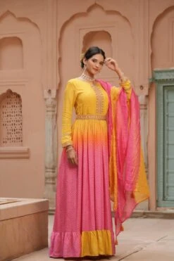 Pink Muslin Silk Bandhani Digital Print Tie And Dye Anarkali Ethnic Dress With Embroidered Belt And Silk Dupatta -ZAZU Clothing Shop 1147pink6