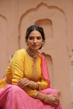 Pink Muslin Silk Bandhani Digital Print Tie And Dye Anarkali Ethnic Dress With Embroidered Belt And Silk Dupatta -ZAZU Clothing Shop 1147pinkb