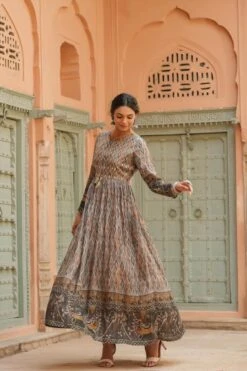 Grey Viscose Muslin Silk Digital Ethnic Print Anarkali Ethnic Dress