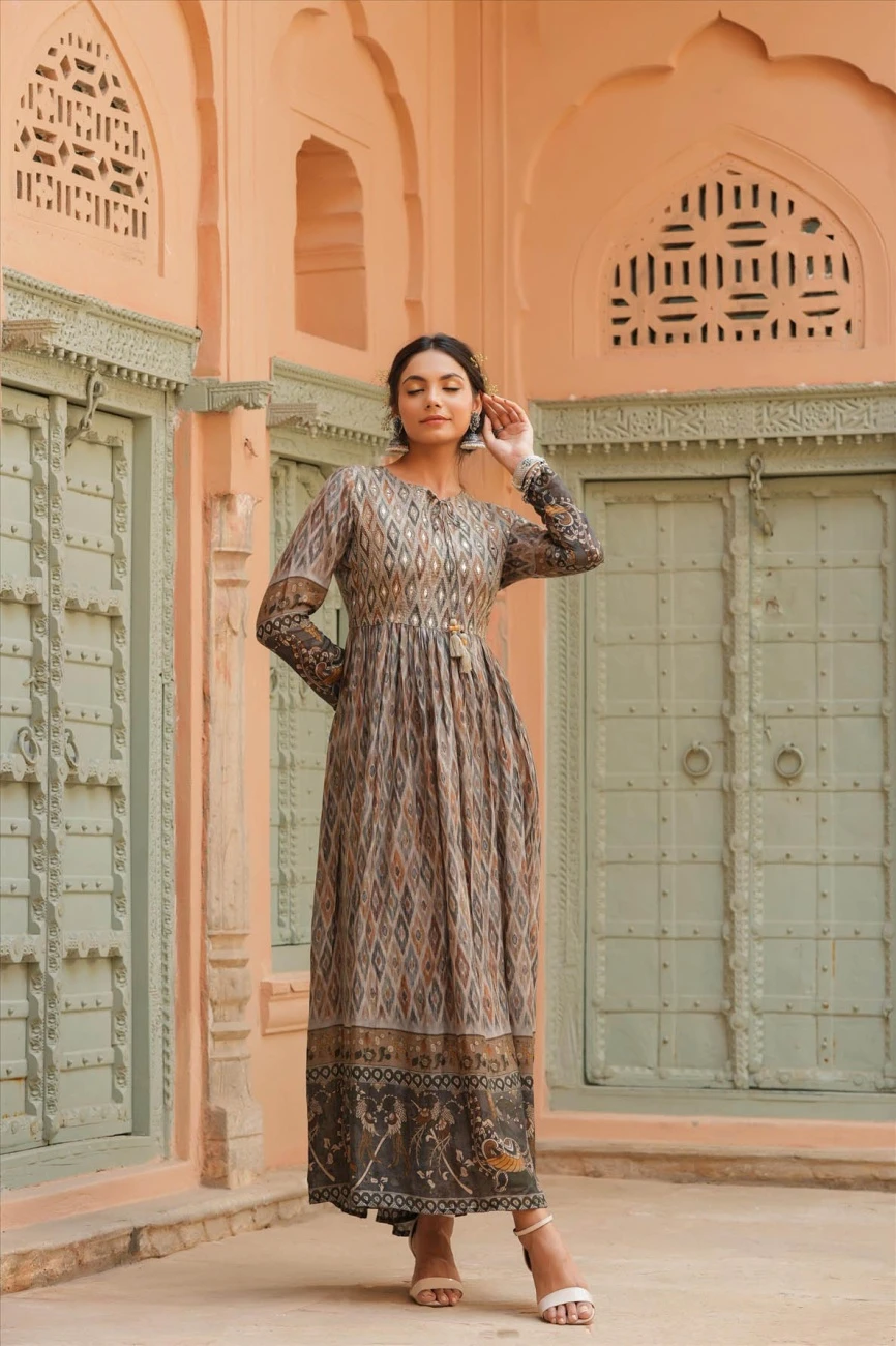 Grey Viscose Muslin Silk Digital Ethnic Print Anarkali Ethnic Dress 4 Grey Viscose Muslin Silk Digital Ethnic Print Anarkali Ethnic Dress - Image 2
