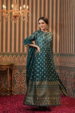 Teal Korwaki Silk Foil Print Anarkali Ethnic Dress With Dupatta