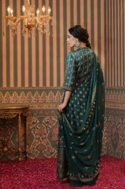 Teal Korwaki Silk Foil Print Anarkali Ethnic Dress With Dupatta -ZAZU Clothing Shop 1168teal3