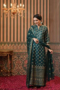 Teal Korwaki Silk Foil Print Anarkali Ethnic Dress With Dupatta -ZAZU Clothing Shop 1168teal5