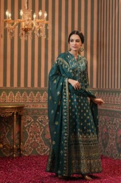 Teal Korwaki Silk Foil Print Anarkali Ethnic Dress With Dupatta -ZAZU Clothing Shop 1168teal6