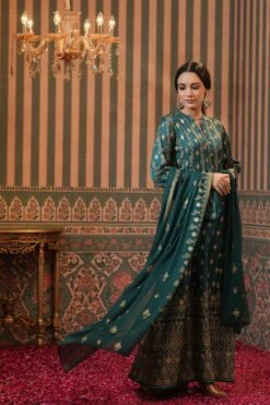 Teal Korwaki Silk Foil Print Anarkali Ethnic Dress With Dupatta -ZAZU Clothing Shop 1168teal7