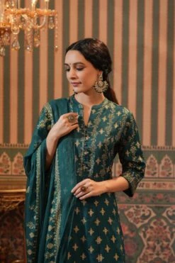 Teal Korwaki Silk Foil Print Anarkali Ethnic Dress With Dupatta -ZAZU Clothing Shop 1168tealb