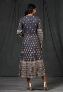 Grey Rayon Foil Print Anarkali Dress -ZAZU Clothing Shop 1182grey4
