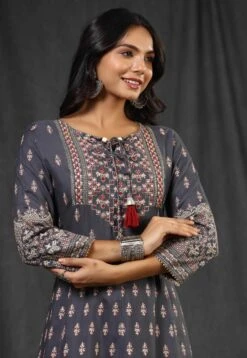 Grey Rayon Foil Print Anarkali Dress -ZAZU Clothing Shop 1182greyb