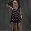 Navy Rayon Foil Print Anarkali Dress -ZAZU Clothing Shop 1183navy1