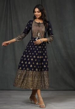 Navy Rayon Foil Print Anarkali Dress -ZAZU Clothing Shop 1183navy2