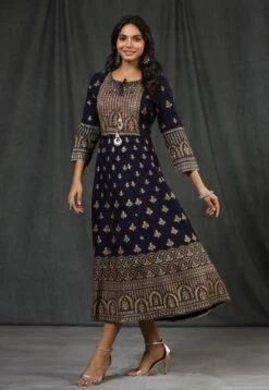 Navy Rayon Foil Print Anarkali Dress -ZAZU Clothing Shop 1183navy3