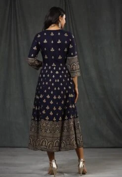 Navy Rayon Foil Print Anarkali Dress -ZAZU Clothing Shop 1183navy4