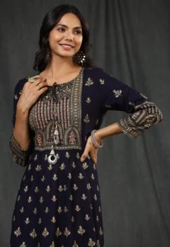 Navy Rayon Foil Print Anarkali Dress -ZAZU Clothing Shop 1183navyb