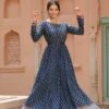 Navy Muslin Silk Printed Anarkali Dress With Printed Belt -ZAZU Clothing Shop 1286navy1