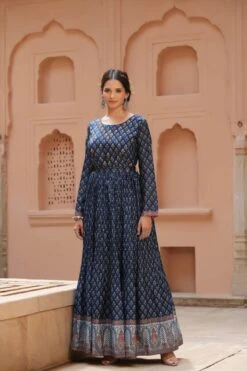Navy Muslin Silk Printed Anarkali Dress With Printed Belt -ZAZU Clothing Shop 1286navy3