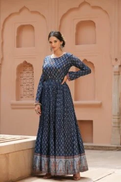 Navy Muslin Silk Printed Anarkali Dress With Printed Belt -ZAZU Clothing Shop 1286navy4