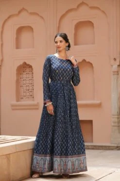 Navy Muslin Silk Printed Anarkali Dress With Printed Belt -ZAZU Clothing Shop 1286navy5