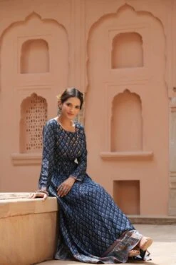 Navy Muslin Silk Printed Anarkali Dress With Printed Belt -ZAZU Clothing Shop 1286navy6