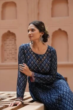 Navy Muslin Silk Printed Anarkali Dress With Printed Belt -ZAZU Clothing Shop 1286navyb