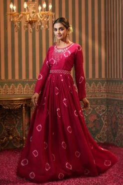 Pink Chinon Silk Shibori Print Anarkali Dress With Embroidered Belt