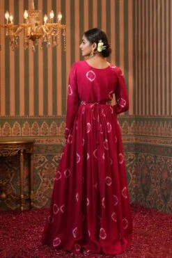 Pink Chinon Silk Shibori Print Anarkali Dress With Embroidered Belt -ZAZU Clothing Shop 1287pink3