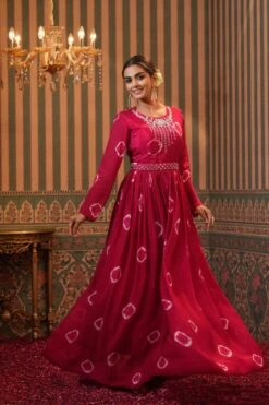 Pink Chinon Silk Shibori Print Anarkali Dress With Embroidered Belt -ZAZU Clothing Shop 1287pink4