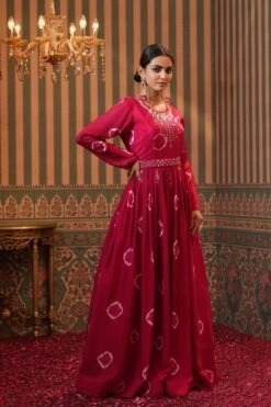 Pink Chinon Silk Shibori Print Anarkali Dress With Embroidered Belt -ZAZU Clothing Shop 1287pink5