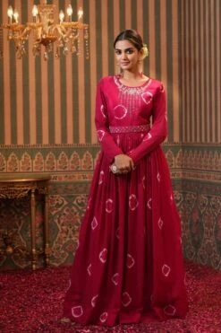 Pink Chinon Silk Shibori Print Anarkali Dress With Embroidered Belt -ZAZU Clothing Shop 1287pink6