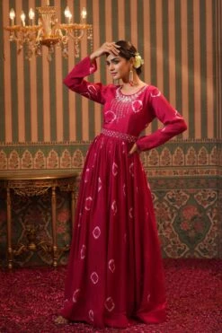 Pink Chinon Silk Shibori Print Anarkali Dress With Embroidered Belt -ZAZU Clothing Shop 1287pink7