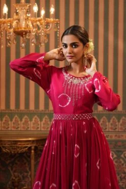 Pink Chinon Silk Shibori Print Anarkali Dress With Embroidered Belt -ZAZU Clothing Shop 1287pinkb