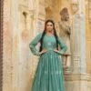 Mint Chinon Silk Block Print Anarkali Dress With Embroidered Belt -ZAZU Clothing Shop 1288mint1