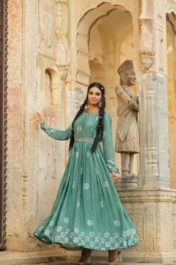 Mint Chinon Silk Block Print Anarkali Dress With Embroidered Belt -ZAZU Clothing Shop 1288mint4