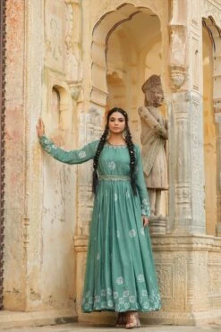Mint Chinon Silk Block Print Anarkali Dress With Embroidered Belt -ZAZU Clothing Shop 1288mint5