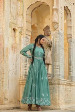 Mint Chinon Silk Block Print Anarkali Dress With Embroidered Belt -ZAZU Clothing Shop 1288mint6