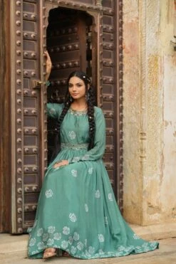Mint Chinon Silk Block Print Anarkali Dress With Embroidered Belt -ZAZU Clothing Shop 1288mintb