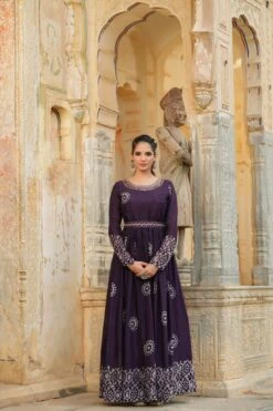 Purple Chinon Silk Block Print Anarkali Dress With Embroidered Belt -ZAZU Clothing Shop 1289purple2