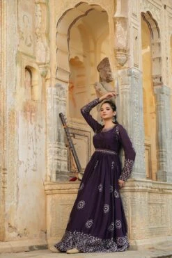 Purple Chinon Silk Block Print Anarkali Dress With Embroidered Belt -ZAZU Clothing Shop 1289purple4