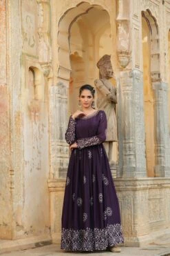 Purple Chinon Silk Block Print Anarkali Dress With Embroidered Belt -ZAZU Clothing Shop 1289purple5