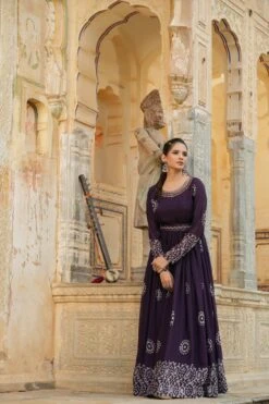 Purple Chinon Silk Block Print Anarkali Dress With Embroidered Belt -ZAZU Clothing Shop 1289purple6